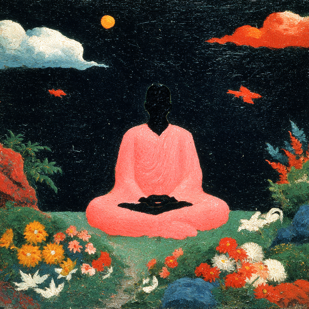 Painted meditator at dusk, in a field of flowers